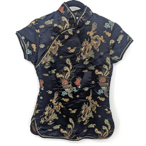 LianLin Dragon Phoenix Shirt Womens 34 Black Gold Brocade Chinese Top Damage